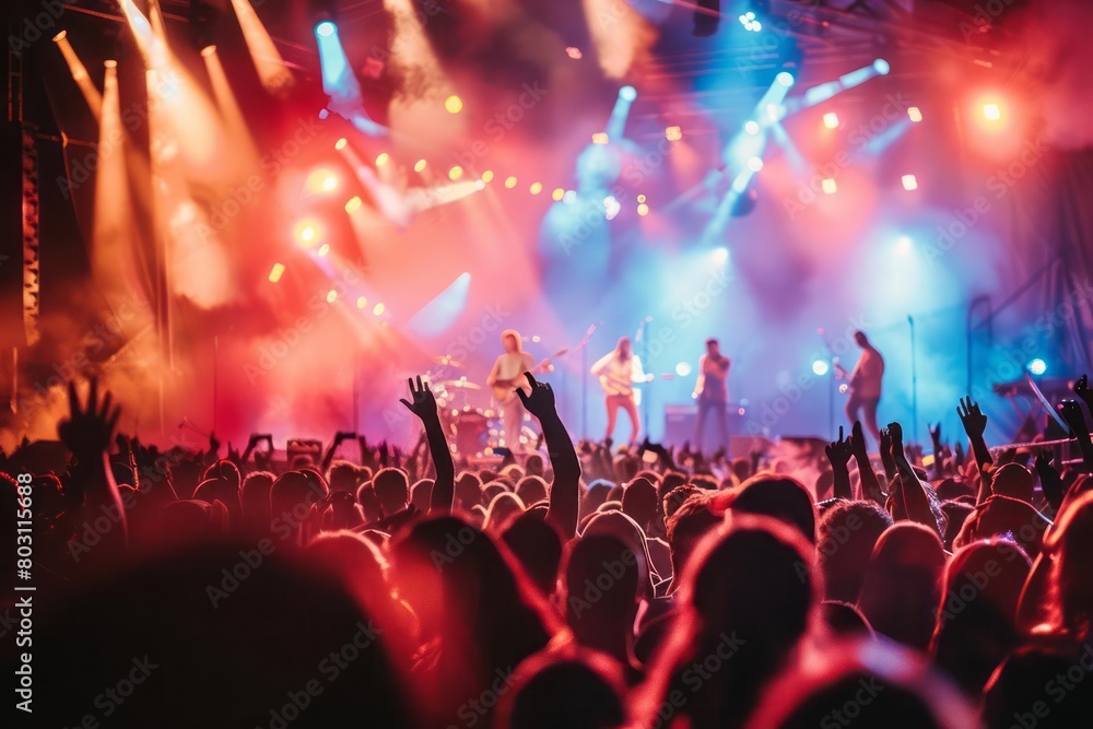 A summer music festival, with energetic crowds, musicians on stage surrounded by dynamic lights and sound waves, capturing the essence of live performances