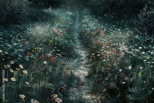 A path strewn with flowers and greenery that the character follows, leaving behind gray and empty spaces, reflecting the return of creativity and enthusiasm