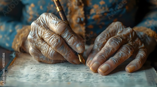 Wrinkled Hands Writing with Determination