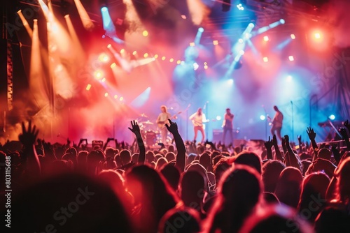 A summer music festival, with energetic crowds, musicians on stage surrounded by dynamic lights and sound waves, capturing the essence of live performances © DK_2020