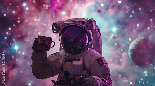 In the depths of space, an astronaut savors a cup of coffee