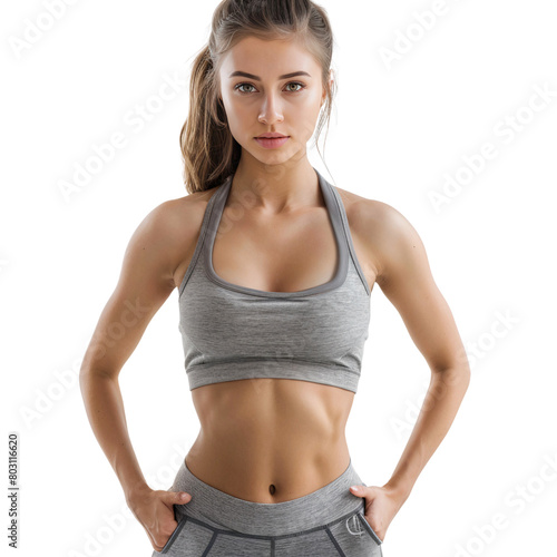 Portrait of a woman wearing workout clothes with perfect slim body, isolated on transparent background
