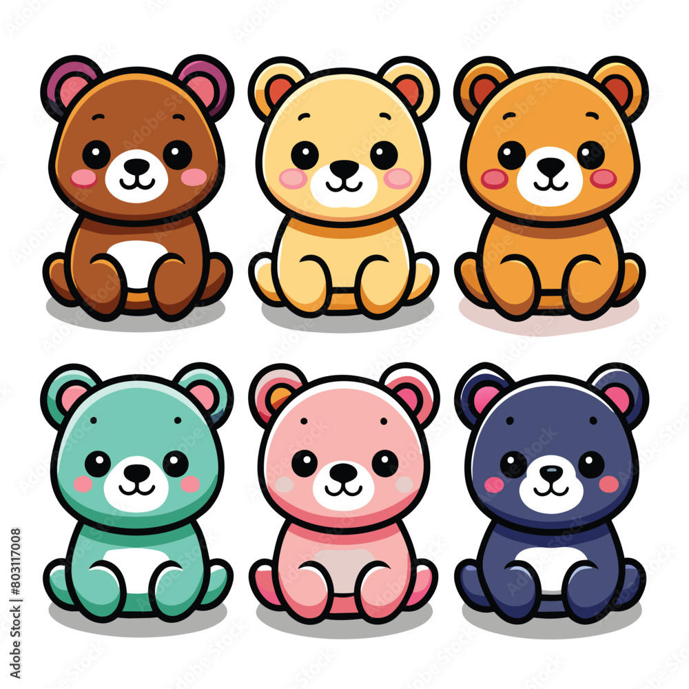Nine vectors of a kawaii cute bears sitting, with white shadows in illustrations, black border, white background, different colors Nine vectors of a kawaii cute bears sitting, with white shadows in illustrations, black border, white background, different colors