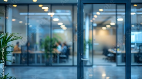 Blurred office interior with business people working in a modern glass door, blurred background. High quality photo of a blurry office space with a busy work environment and employees using computers