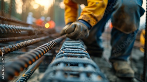 Close-up of construction worker's hands securing steel rebars at a construction site.