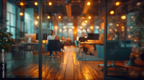 Blurred office interior with business people working in a modern glass door  blurred background. High quality photo of a blurry office space with a busy work environment and employees using computers