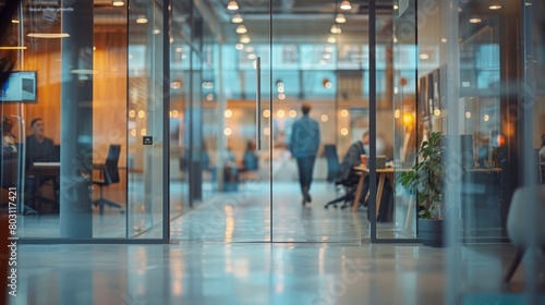 Blurred office interior with business people working in a modern glass door, blurred background. High quality photo of a blurry office space with a busy work environment and employees using computers