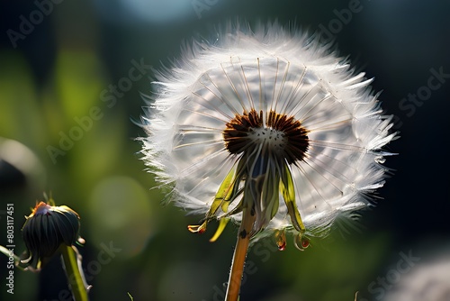 Dandelions with fluffy white petals against a beautiful green background Close-up of dandelion seeds flying in the wind from their stem   © Baloch Arts