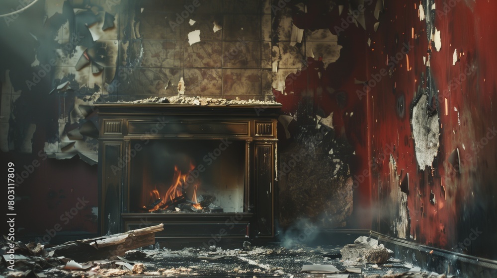 A dramatic scene showing a burning fireplace inside a heavily damaged and charred room.
