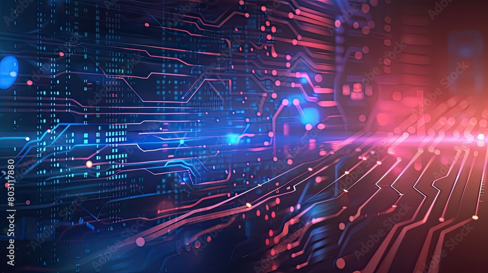 Detailed view of an electronic circuit board with glowing blue and red neon lights illustrating advanced technology. Detailed view of an electronic circuit board with glowing blue and red neon lights illustrating advanced technology.