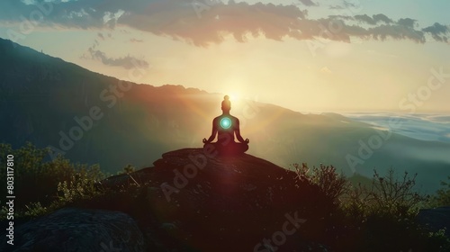 A silhouette of a man sitting in the lotus pose atop a rock in the heart of nature. His chakras glow softly, emanating vibrant energy that harmonizes with the surrounding environment #803117810