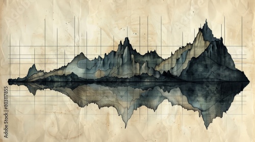 A mountain range is reflected on a lake. The sky is cloudy. The image is in a realistic style.