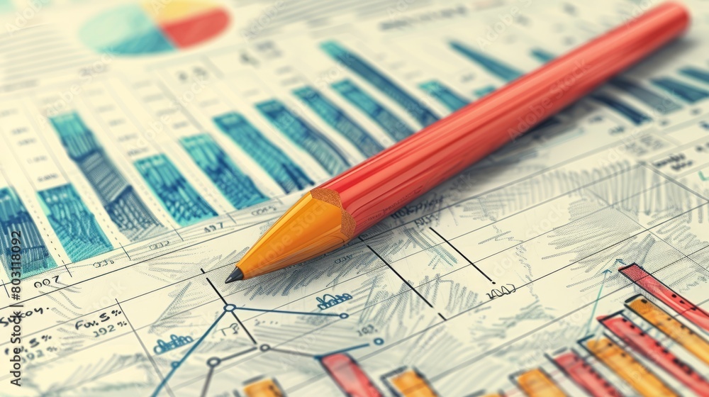 A red pencil on a financial graph. A red pencil on a financial graph.