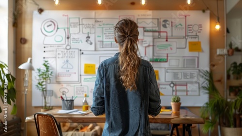 A woman standing in front of a whiteboard covered in notes and diagrams.