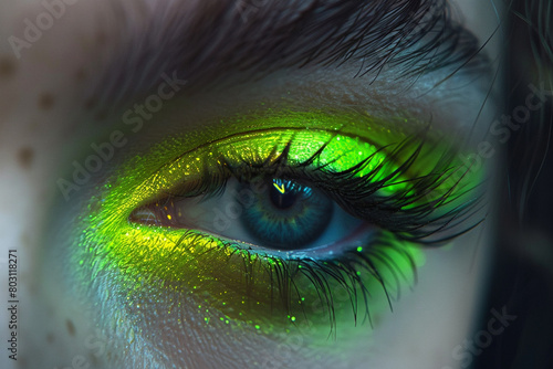 A detailed shot of a woman's eye with neon green eyeshadow, creating a bold and electrifying visual impact.