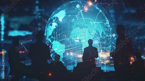 silhouettes of businessmen confer, symbolizing decision-making and strategy, a globe illustration of the world indicates the global scope of data analysis, the power of technology to gather, interpret