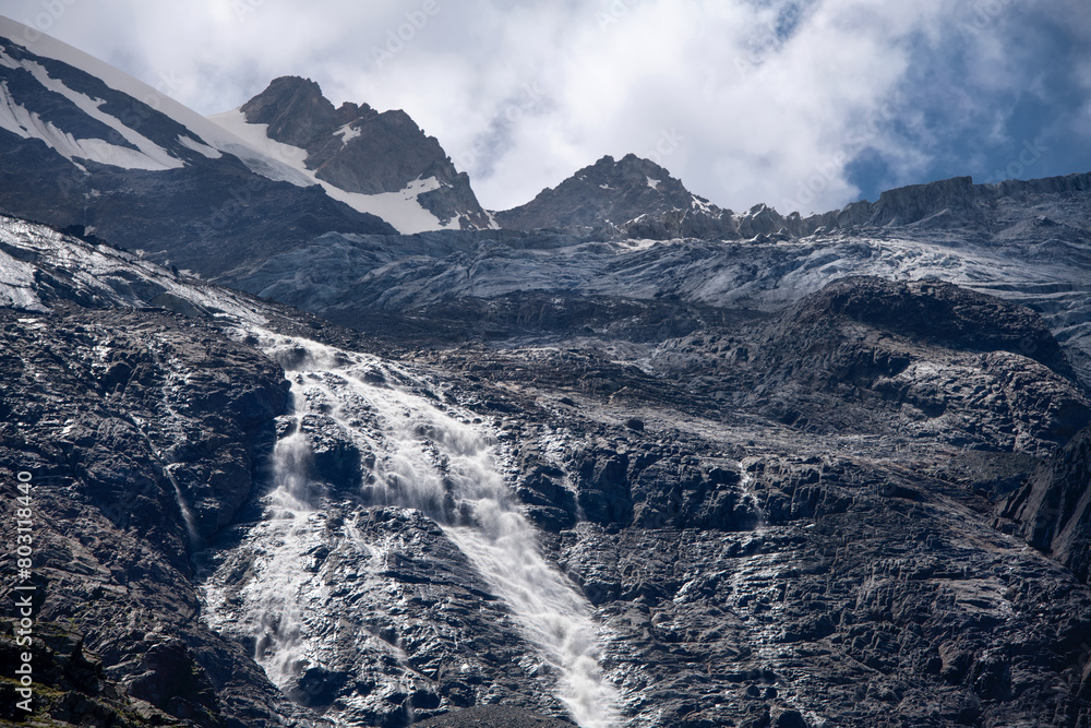 Skazsky glacier and the source of the mountain river Skazdon. The Tsey Gorge. Republic of North Ossetia — Alania, Alagirsky district