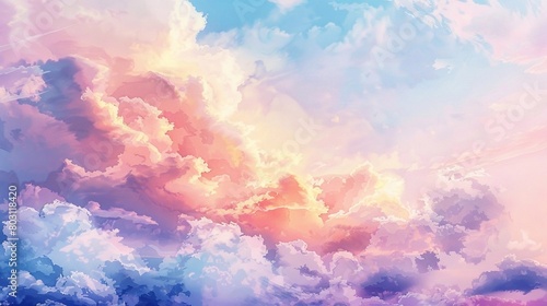 minimalistic, copy space, watercolor gentle fluffy clouds in sunrise background