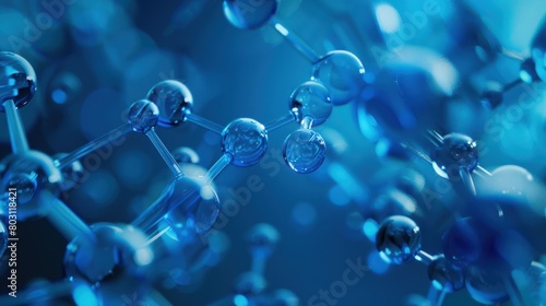 blue molecule atom structures suspended in a liquid serum background. This visualization combines the beauty of molecular structures with the essence of medical research, evoking a sense of wonder and