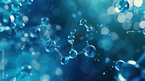blue molecule atom structures suspended in a liquid serum background. This visualization combines the beauty of molecular structures with the essence of medical research, evoking a sense of wonder and