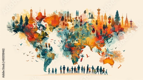 Fototapeta Naklejka Na Ścianę i Meble -  A watercolor painting of the world map with people of different cultures standing in front of it.