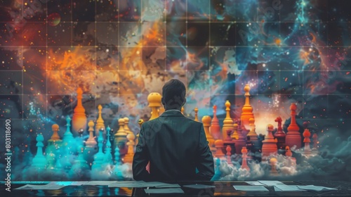 A man sits on a building ledge overlooking a cosmic chess board. photo