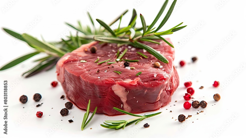 fresh meat steak with rosemary and black pepper on a white table, Generative Ai, fresh meat steak with rosemary and black pepper on a white table, Generative Ai,