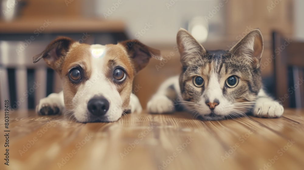 Close-up portrait of a curious dog and cat lying together on a wooden floor, indoors.