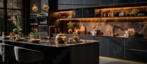 Kitchen design with luxury style cupboards. gold colored hardware