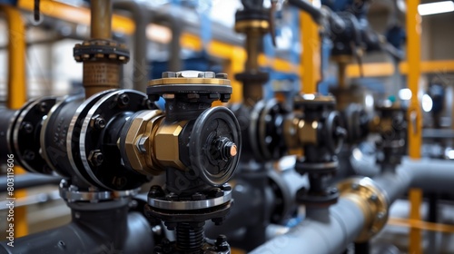 Close-up of industrial pipelines and valves in a factory setting, highlighting precision engineering.