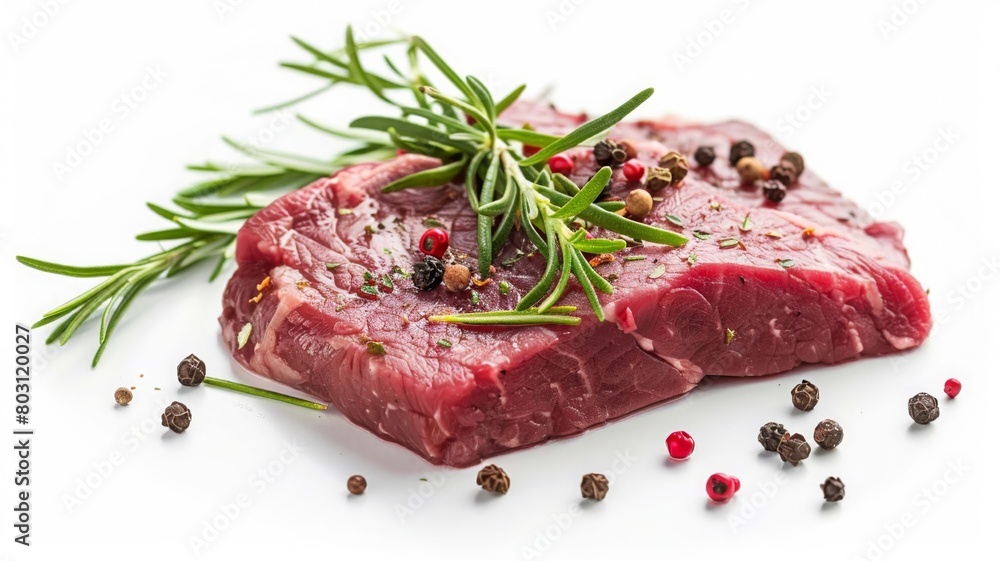 fresh meat steak with rosemary and black pepper on a white table, Generative Ai,
