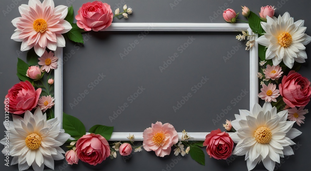 white and pink flower frame with paper flowers on a gray background white and pink flower frame with paper flowers on a gray background