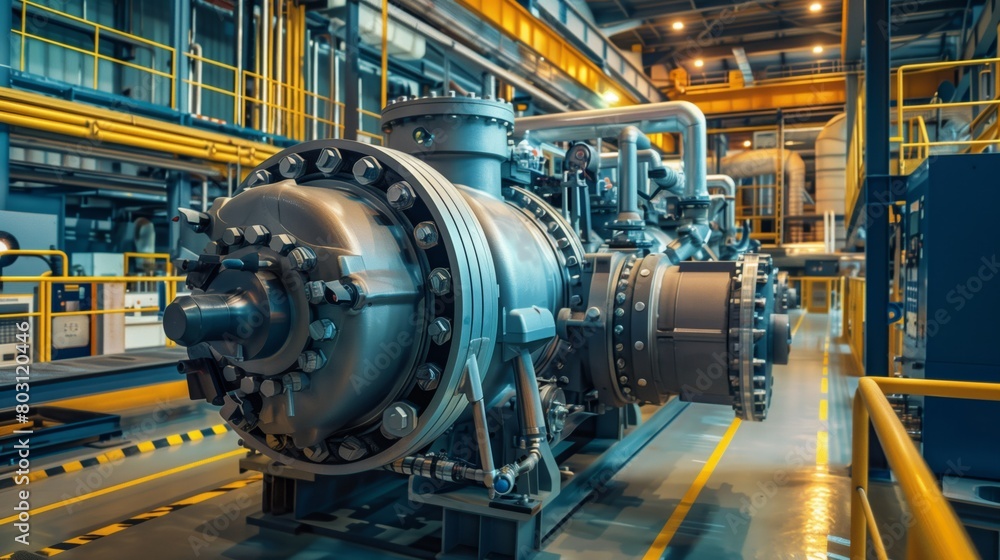 A detailed view of industrial machinery with pipes and turbines in a manufacturing plant.