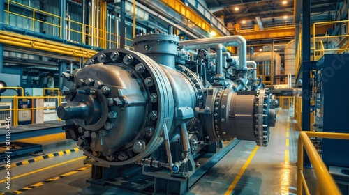 A detailed view of industrial machinery with pipes and turbines in a manufacturing plant.