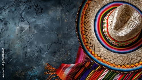 Colorful Mexican sombrero and vibrant sarape blanket on a textured dark background.