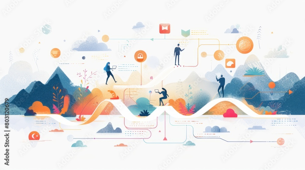 A group of people walking on a path through a mountainous landscape. The path is made of a series of interconnected clouds. The people are using various forms of technology, such as smartphones and ta A group of people walking on a path through a mountainous landscape. The path is made of a series of interconnected clouds. The people are using various forms of technology, such as smartphones and ta