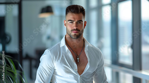 a man in a white shirt. Men's beauty, fashion. © Liliya