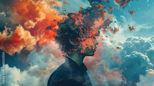A man's head with his face obscured by an explosion of colorful smoke. photo