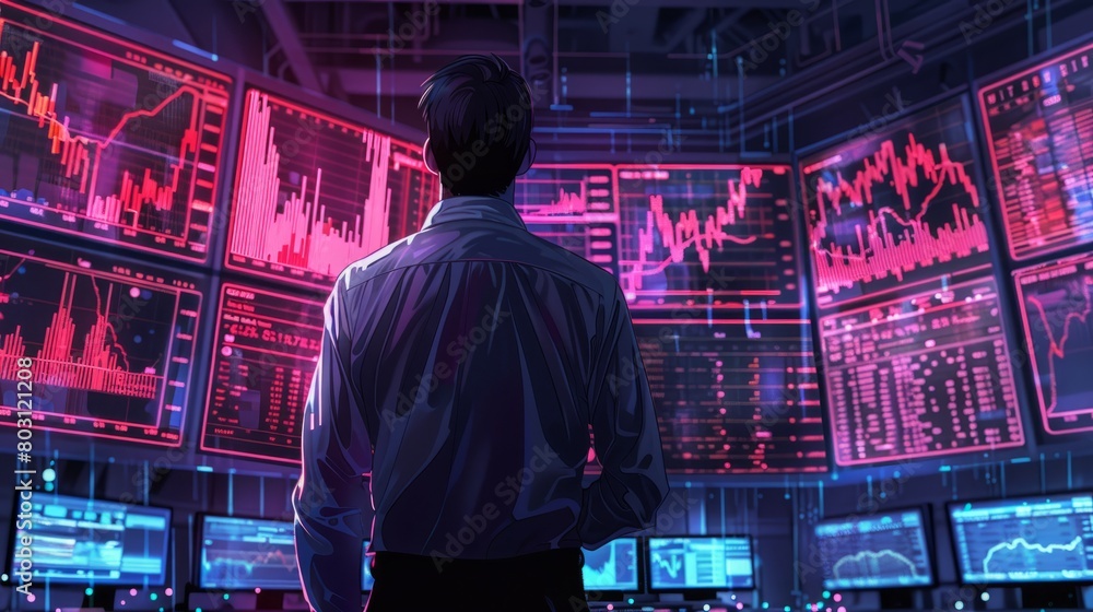 A man in a dark suit stands in front of a large video wall displaying stock market data.