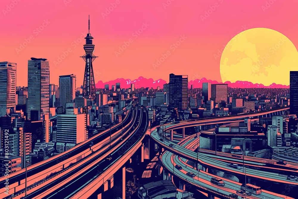 Fototapeta premium Illustration of Osaka City with with vibrant colors