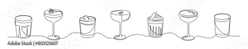 Сontinuous one line drawing of alcoholic cocktail drinks isolated on white background. Thin line cocktail glasses. Vector illustration