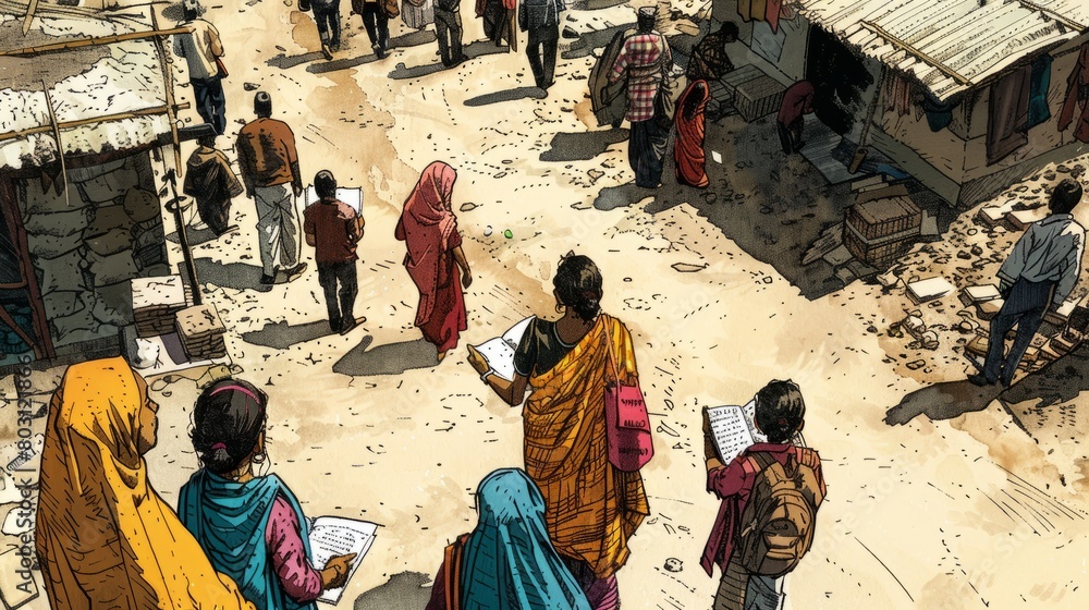 A group of Indian women and girls walk down a street in a rural village A group of Indian women and girls walk down a street in a rural village