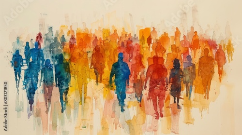 A watercolor painting of a crowd of people walking in the same direction. photo