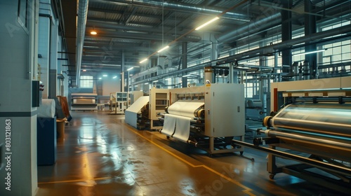 Modern textile factory floor with various textile machines producing fabric rolls.