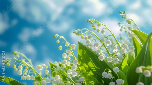 Fototapeta Naklejka Na Ścianę i Meble -  lily of the valley flowers, green leaves, blue sky background, sunlight, white lilies of the valley flowers