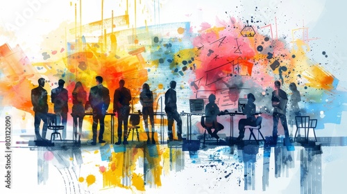 A watercolor painting of a diverse group of people in a workplace setting. © Sodapeaw