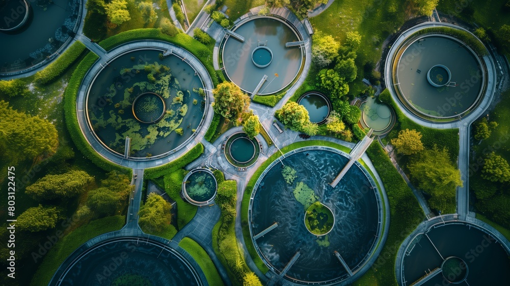 Aerial view of an intricate water treatment facility with lush green landscaping and circular tanks.