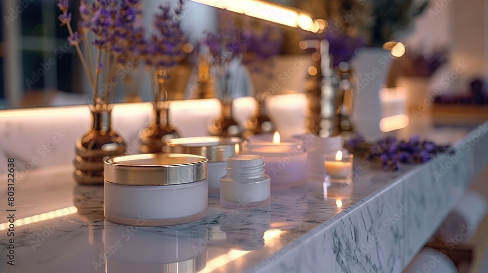 Fototapeta premium A serene and elegant setting featuring spa and beauty products arranged on a marble bathroom counter with lavender and candle accents for relaxation.
