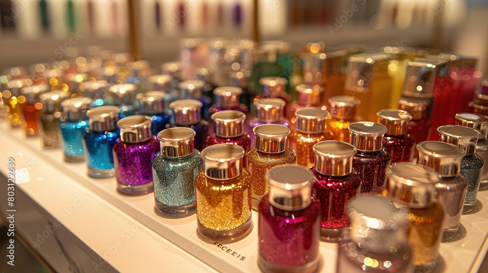 A dazzling array of glittering nail polish bottles, showcased in a variety of vibrant colors on a bright display shelf, adding sparkle and color to the collection. A dazzling array of glittering nail polish bottles, showcased in a variety of vibrant colors on a bright display shelf, adding sparkle and color to the collection.