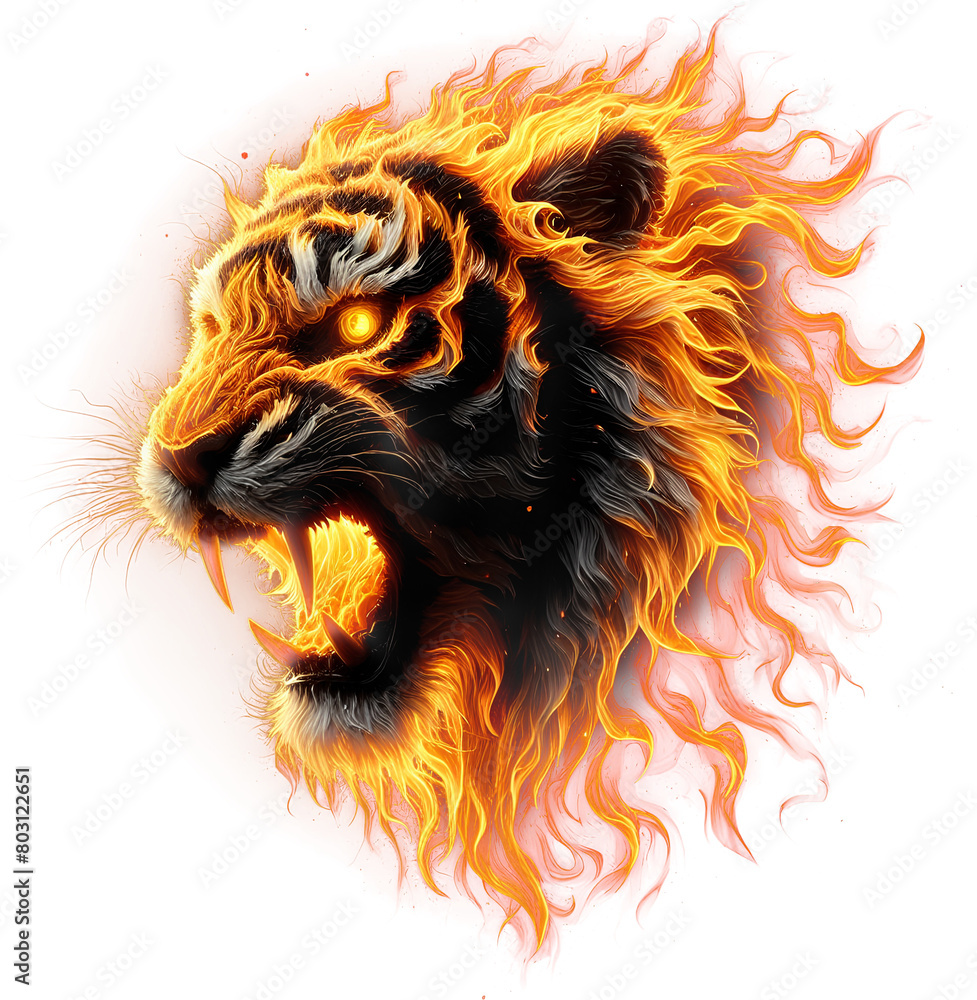 Fire flame tiger head, tiger's head on fire burning transparent clipart png